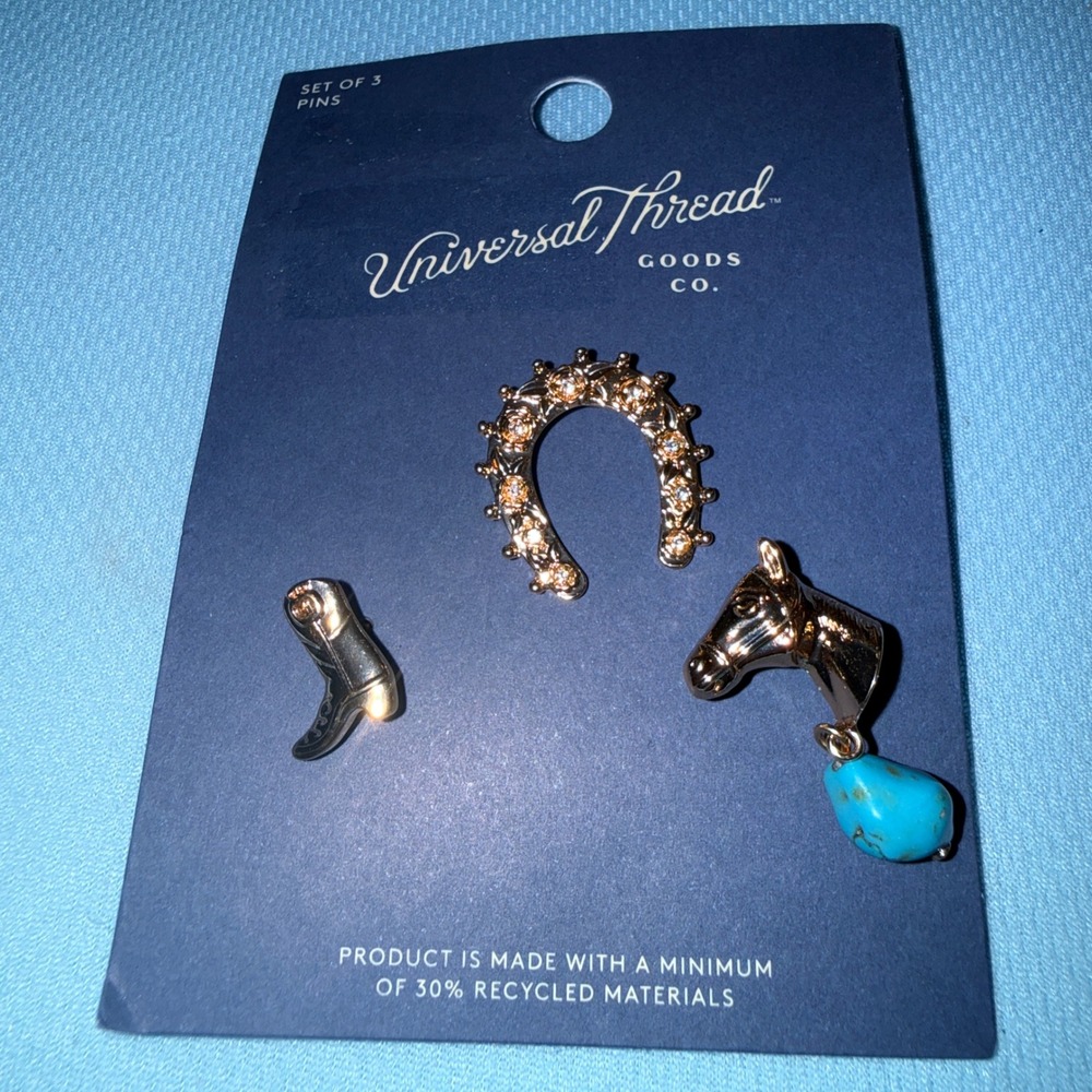 Universal Thread Pin Set NEW Western Horseshoe Boot Horse Gold Tone